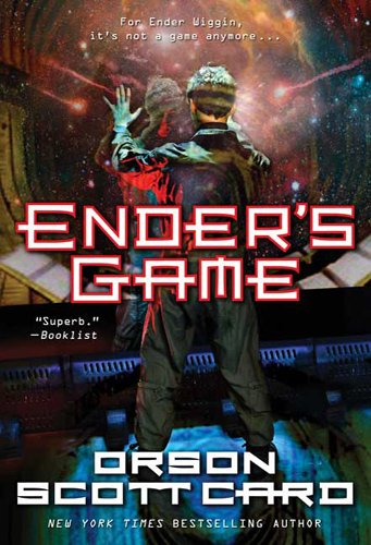 Image of Ender's Game book cover: a male character aboard a spaceship looks out into space from a window; his hands pressed up against the glass