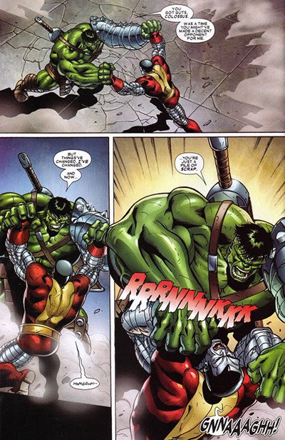 Hulk bend's Colossus's steel arms backwards