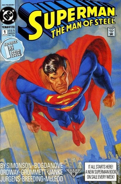 Front cover of issue 1 of "Superman: The Man of Steel" comic showing a stern faced Superman flying with his arms by his sides away from a silhouetted city