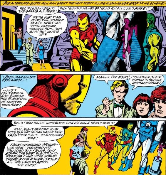 Iron Man presents armor to Avengers