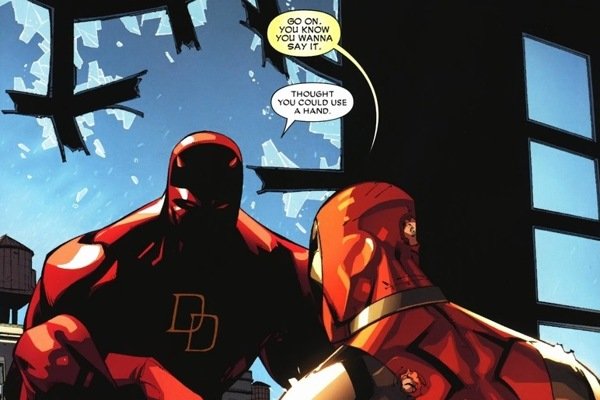 DareDevil and Deadpool stand in a dark ruined building looking at each other, the latter has bullet holes in him and says: "Go on. You know you wanna say it" to which DareDevil replies "Thought you could use a hand."